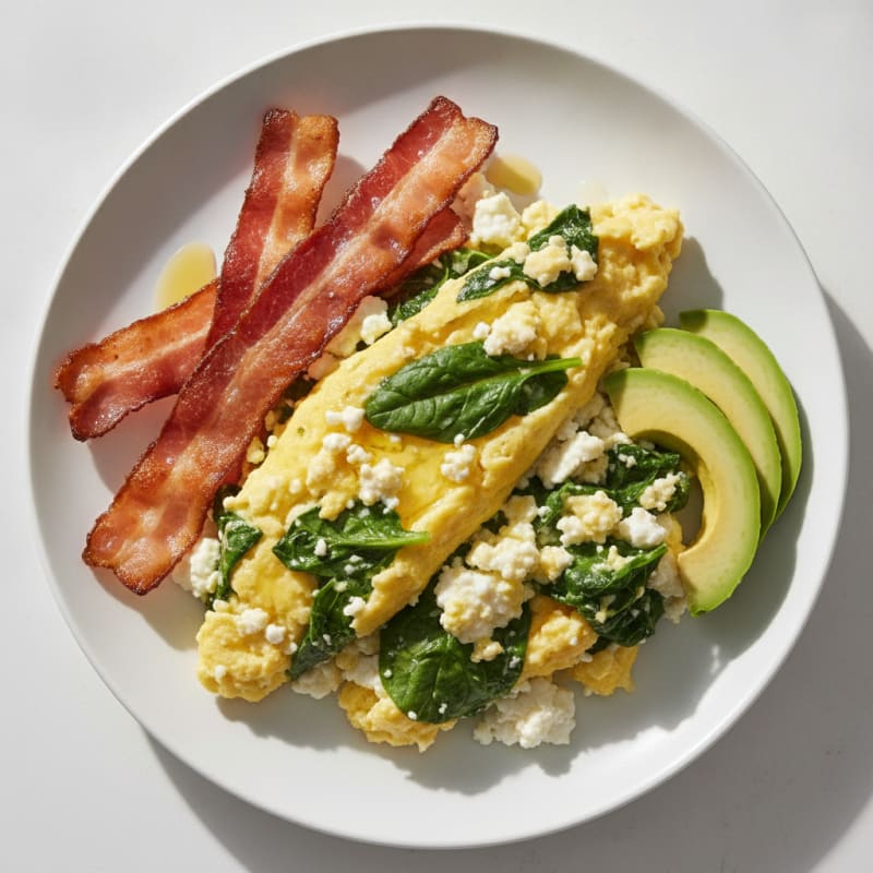 Cottage Cheese and Egg Scramble with Spinach and Turkey Bacon