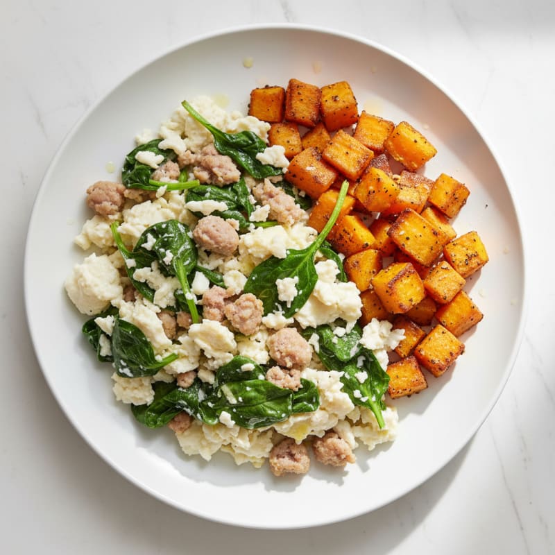 Egg White and Turkey Sausage Scramble with Spinach and Roasted Sweet Potato