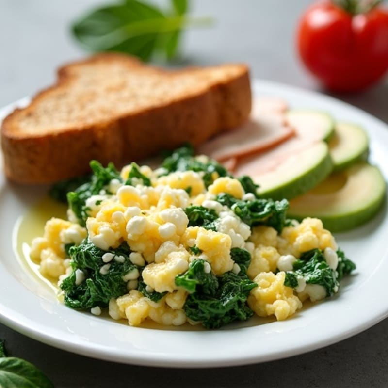Egg White Spinach Scramble with Cottage Cheese and Sliced Turkey