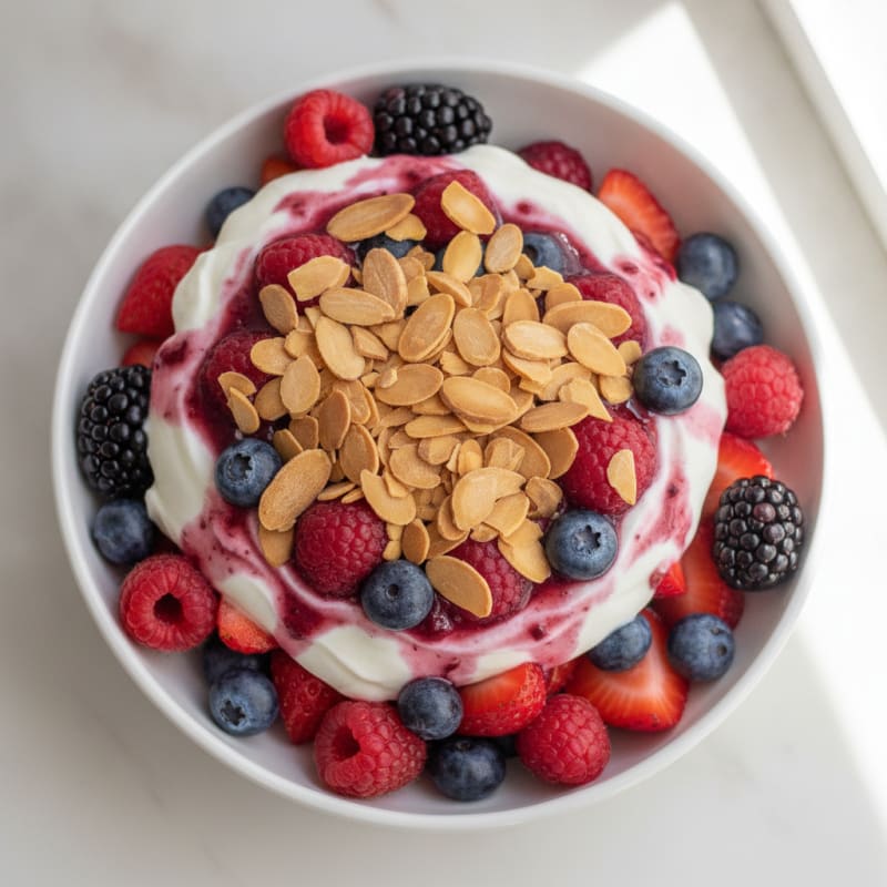 Greek Yogurt Protein Parfait with Mixed Berries and Almonds