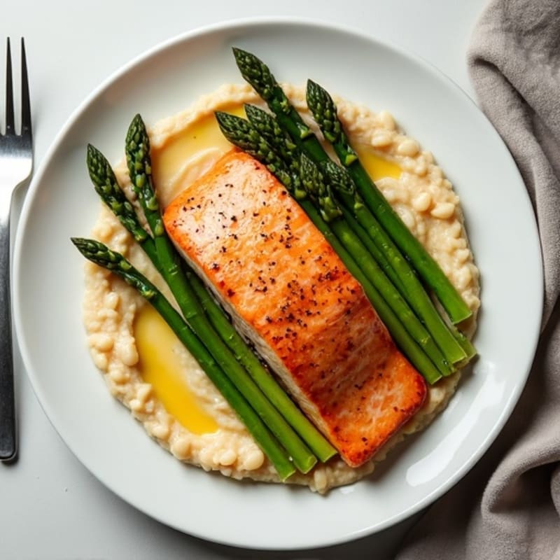 Seared Salmon with Creamy White Bean Mash and Asparagus