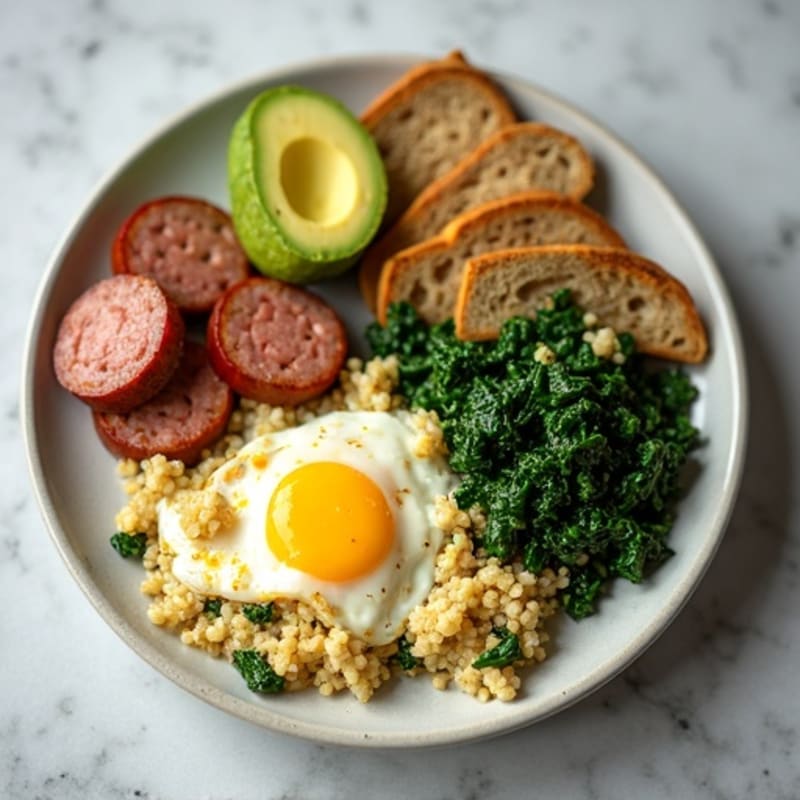 Egg White and Turkey Sausage Scramble with Sautéed Spinach and Quinoa