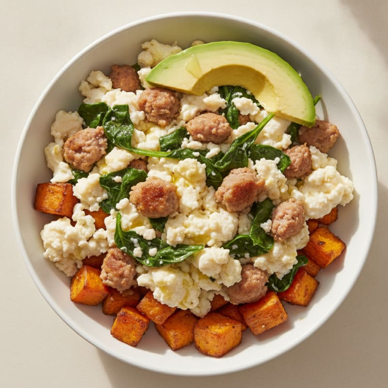 Scrambled Egg White and Turkey Sausage Bowl with Spinach