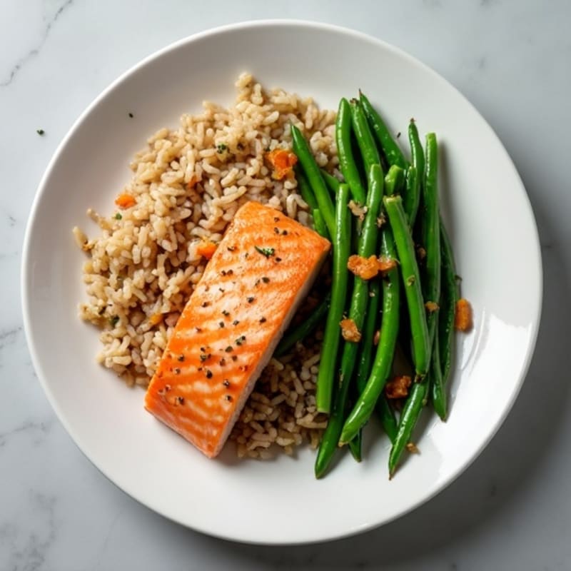 Pan Seared Salmon with Garlic Green Beans and Brown Rice