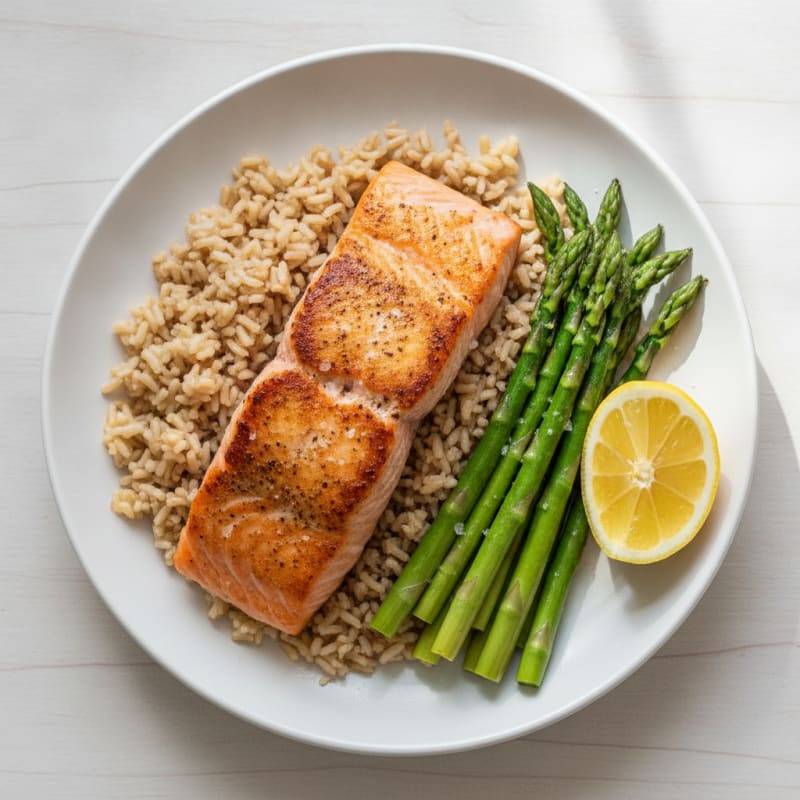 Seared Salmon with Steamed Asparagus and Brown Rice