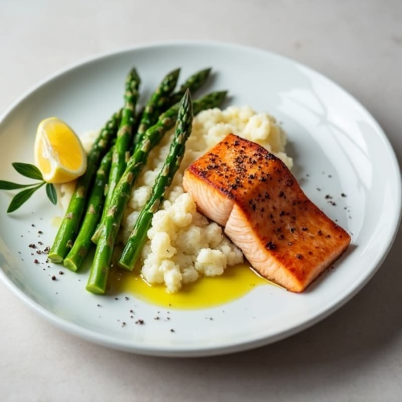 Seared Salmon with Steamed Asparagus and Cauliflower Mash