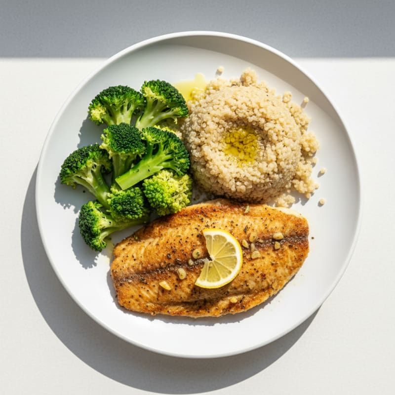 Seared Tilapia with Steamed Broccoli and Quinoa