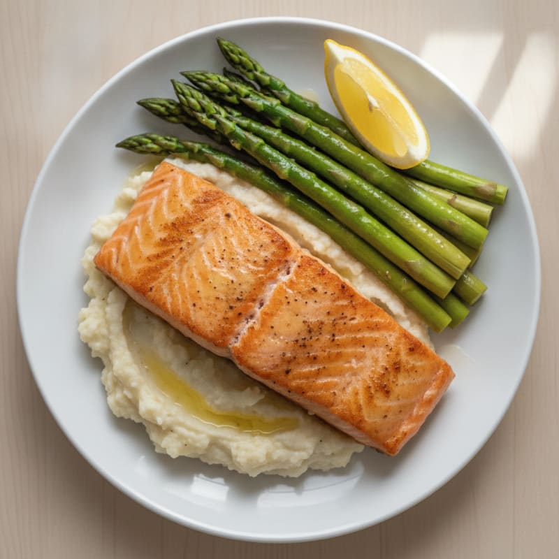 Seared Salmon with Steamed Asparagus and Cauliflower Mash