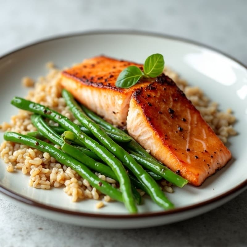 Seared Salmon with Garlic Green Beans and Brown Rice