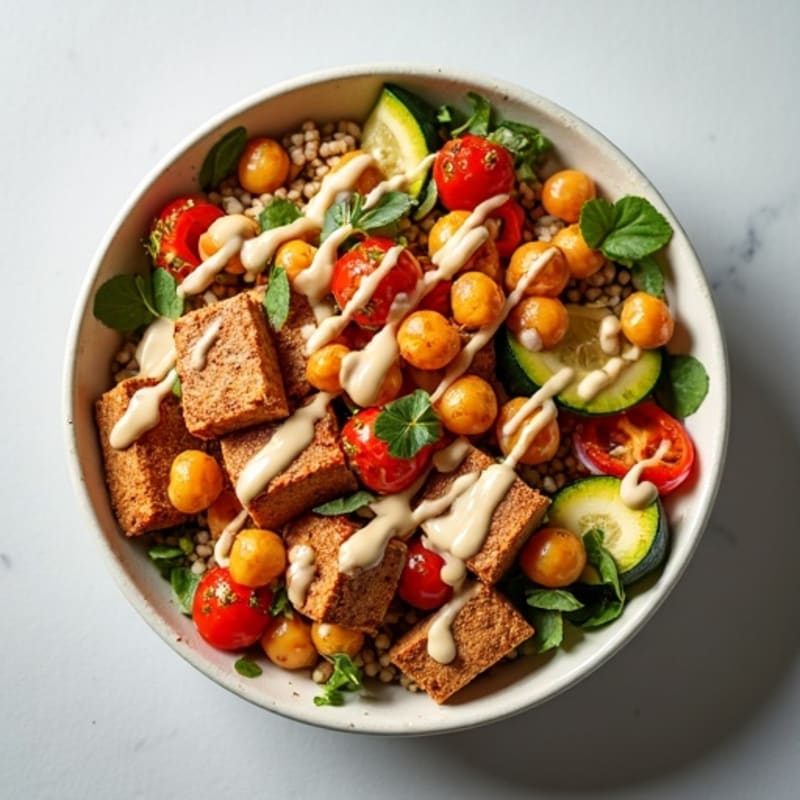 Crispy Chickpea and Roasted Vegetable Bowl with Creamy Tahini Dressing
