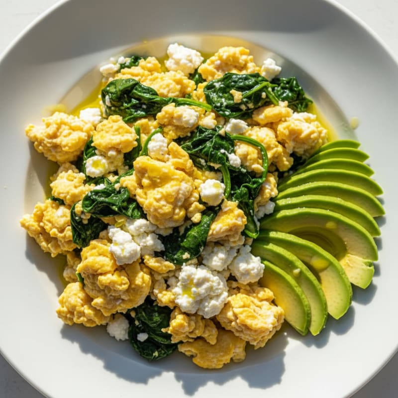 Scrambled Eggs with Cottage Cheese and Sautéed Spinach