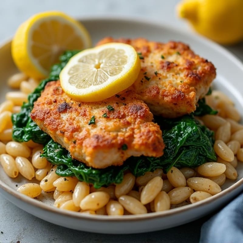 Crispy Lemon Garlic Chicken Thighs with Whole Wheat Pasta and Fresh Spinach
