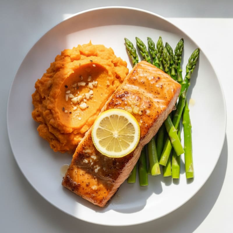 Baked Salmon with Garlic Sweet Potato Mash and Steamed Asparagus