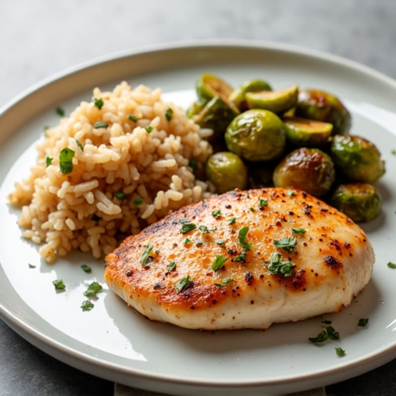 Seared Chicken Breast with Roasted Brussels Sprouts and Brown Rice