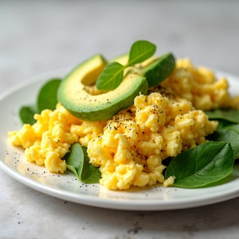 Fluffy Scrambled Eggs with Fresh Spinach and Sliced Avocado