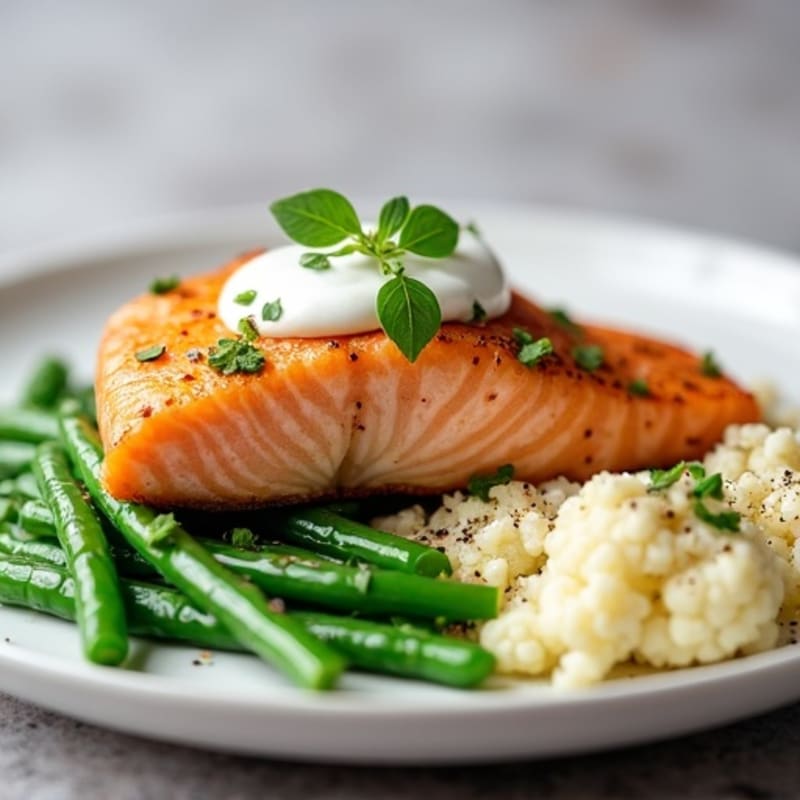 Seared Salmon with Steamed Green Beans and Cauliflower Mash