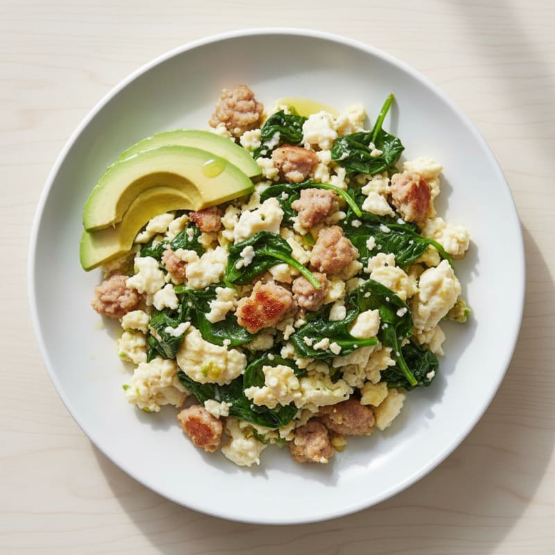 Egg White Scramble with Turkey Sausage and Sautéed Spinach