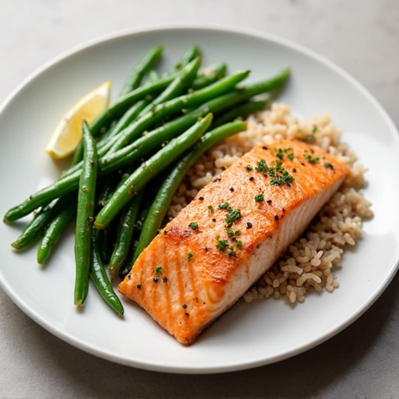 Seared Salmon Fillet with Garlic Green Beans and Brown Rice