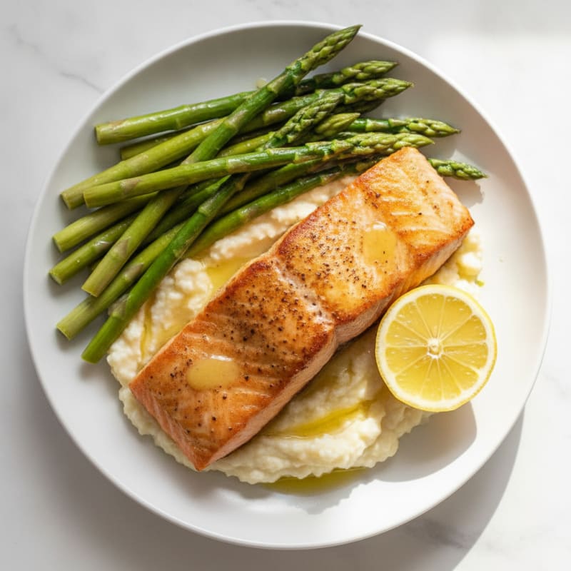 Seared Salmon with Steamed Asparagus and Cauliflower Mash