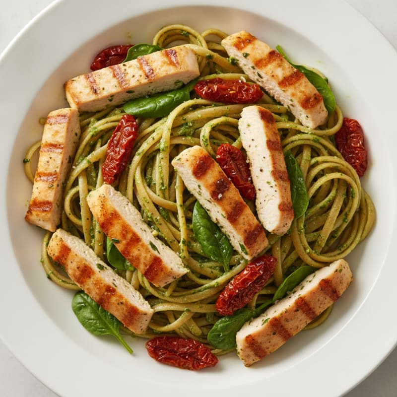 Pesto Chicken Linguine with Sun-Dried Tomatoes