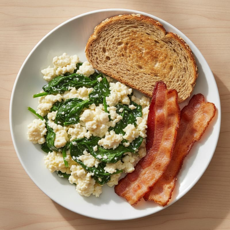 Cottage Cheese Scramble with Spinach and Turkey Bacon