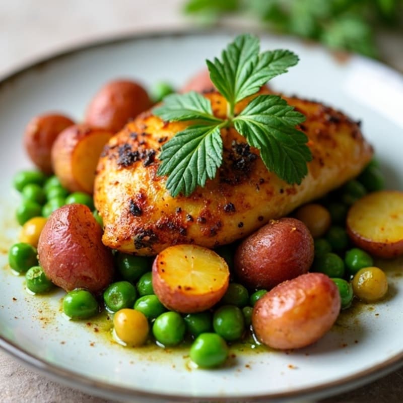 Spiced Chicken and Crispy Roasted Potatoes with Peas and Fresh Cilantro Chutney