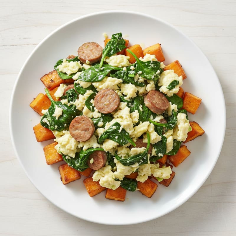 Egg White and Turkey Sausage Scramble with Spinach and Roasted Sweet Potatoes