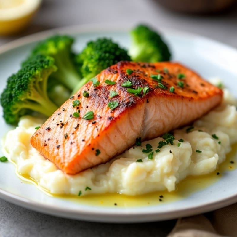 Seared Salmon with Garlic Mashed Potatoes and Steamed Broccoli