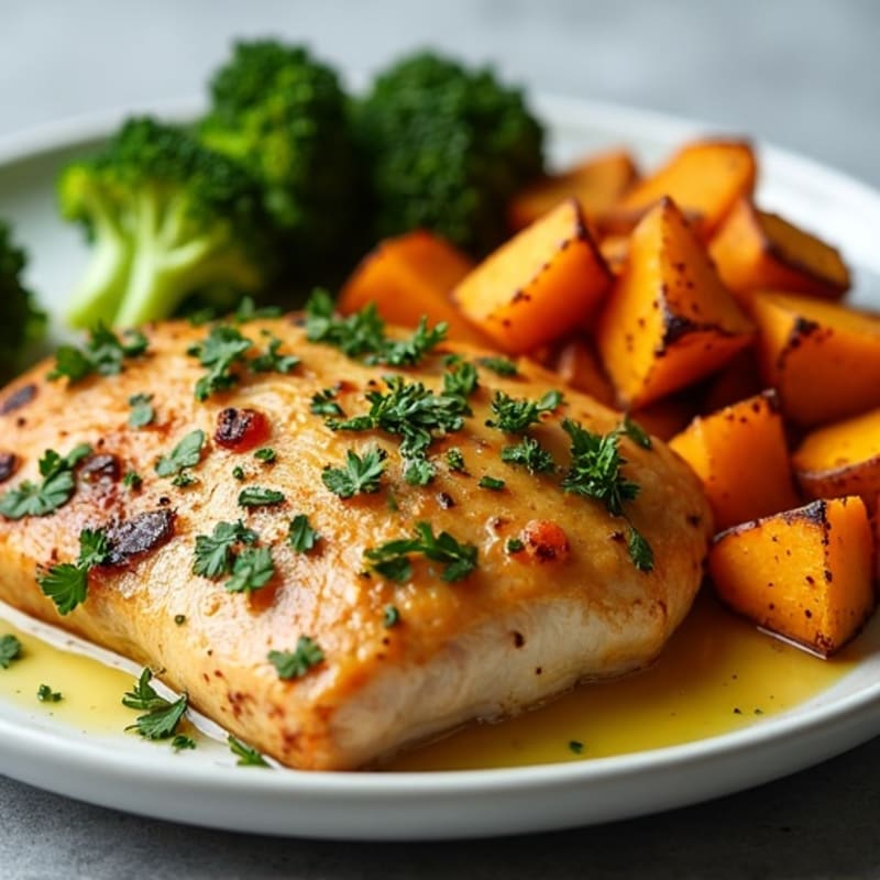 Lemon-Herb Roasted Chicken with Crispy Broccoli and Sweet Potatoes