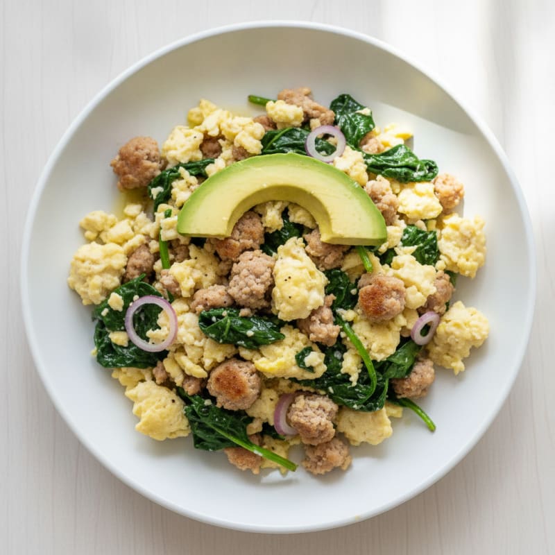 Egg White Scramble with Turkey Sausage and Sautéed Spinach