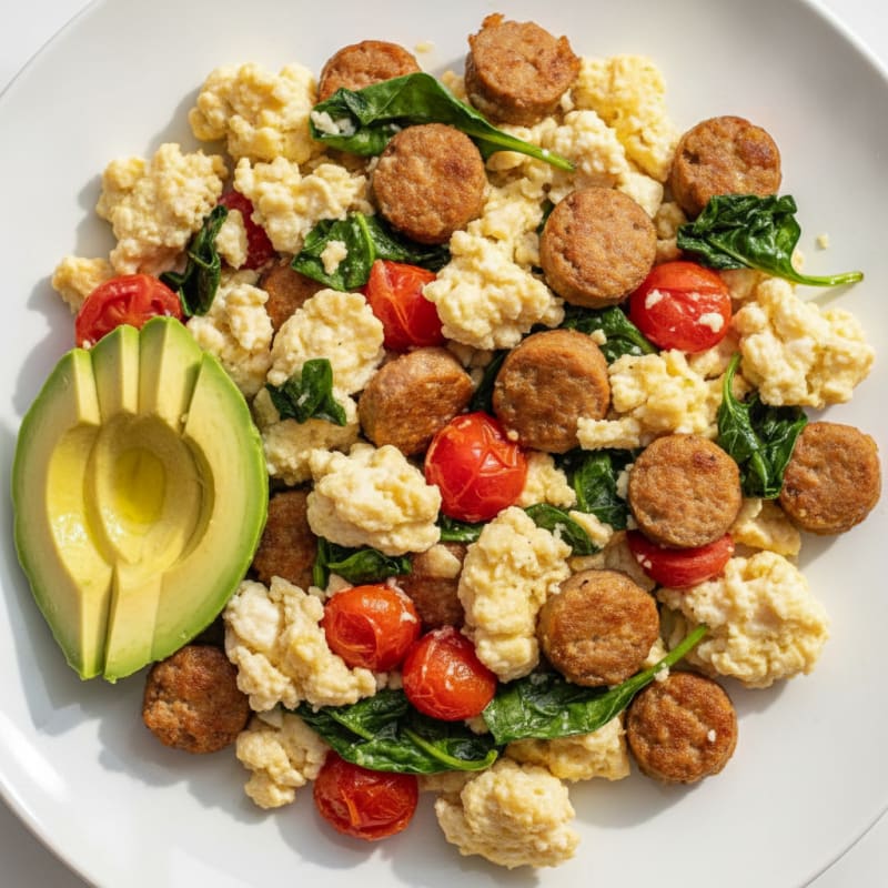 Egg White and Turkey Sausage Scramble with Spinach and Tomatoes