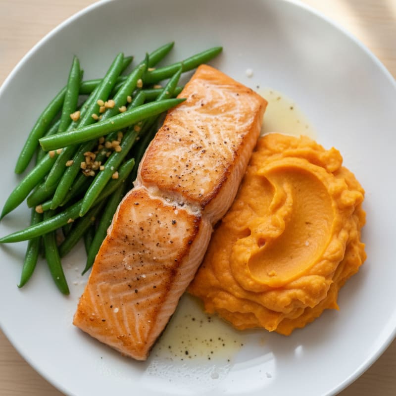 Seared Salmon with Garlic Green Beans and Sweet Potato Mash
