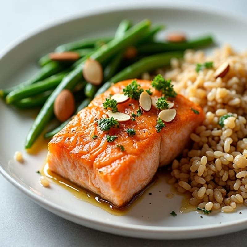 Seared Salmon Fillet with Garlic Green Beans and Brown Rice