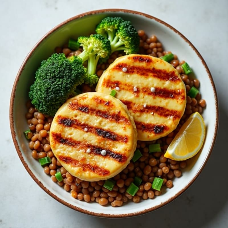Grilled Halloumi and Lentil Power Bowl with Roasted Broccoli