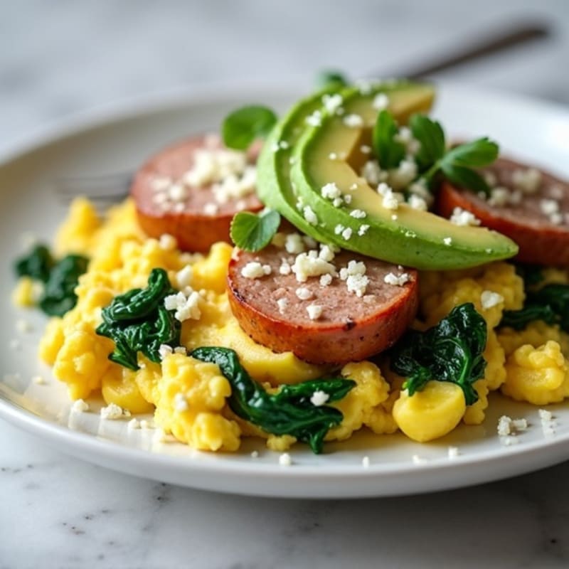 Egg White Scramble with Turkey Sausage and Sautéed Spinach