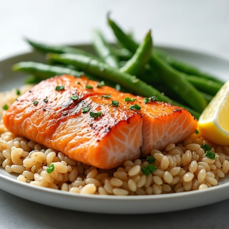 Seared Salmon with Garlic Green Beans and Brown Rice