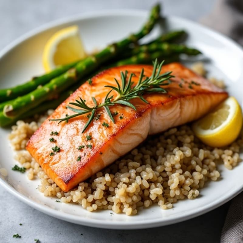 Seared Salmon Fillet with Herb-Roasted Asparagus and Brown Rice