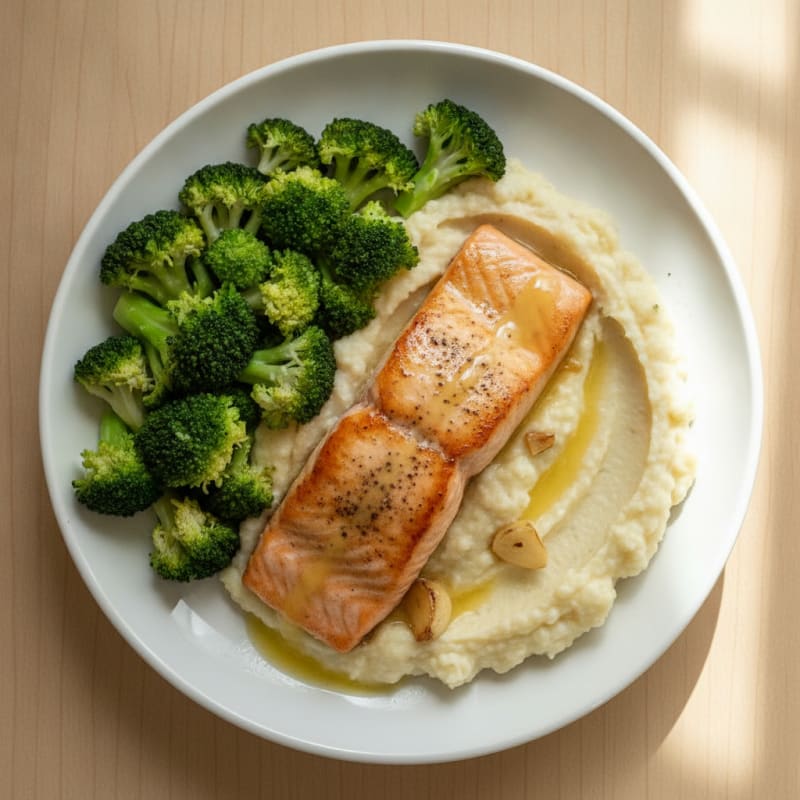 Seared Salmon with Steamed Broccoli and Garlic Cauliflower Mash