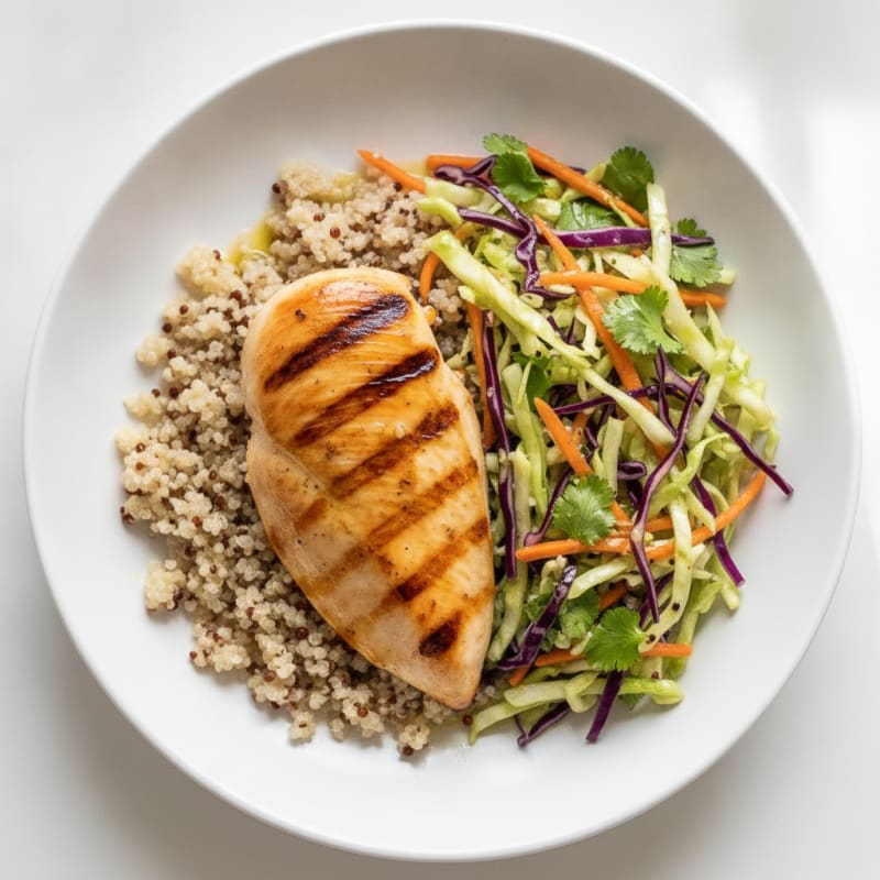 Grilled Chicken Breast with Crunchy Cabbage Slaw and Quinoa