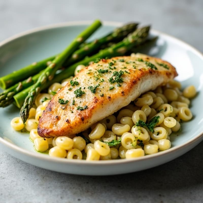 Pan-Seared Chicken with Creamy Pesto Whole Wheat Pasta and Roasted Asparagus