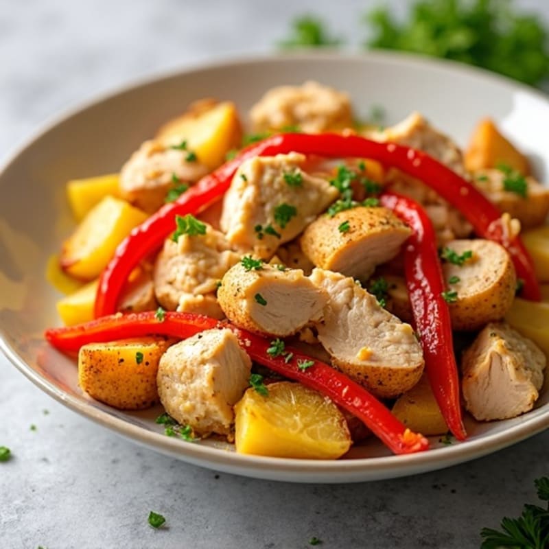 Shredded Chicken and Crispy Golden Potatoes with Roasted Red Pepper