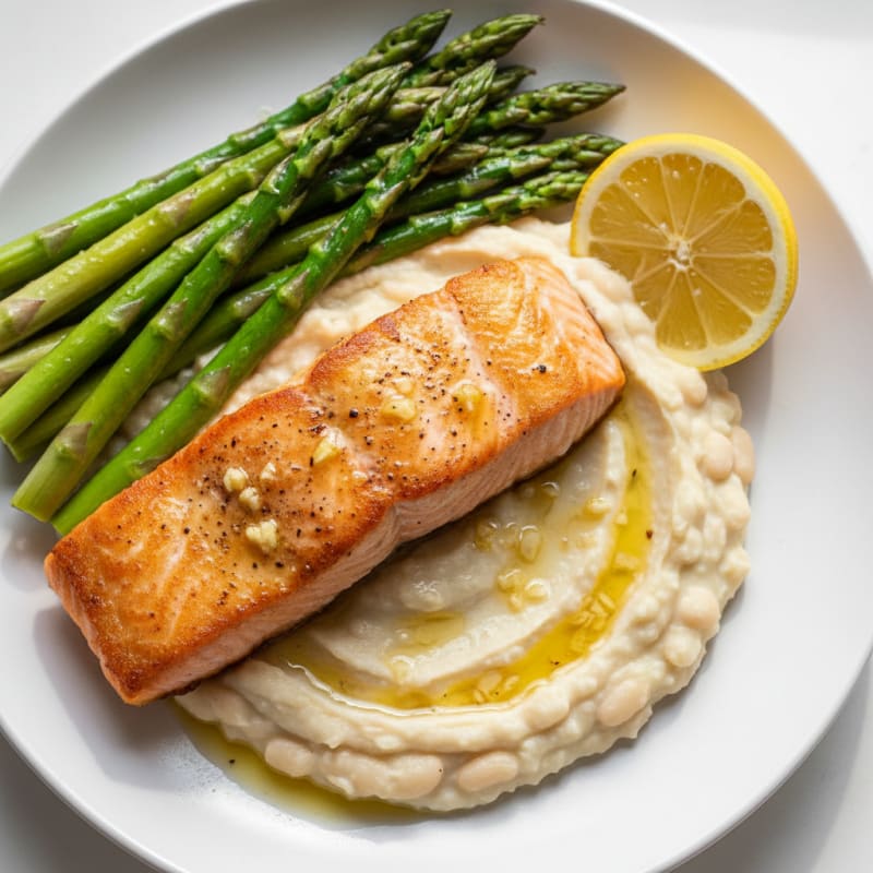 Seared Salmon with Creamy White Bean Mash and Steamed Asparagus