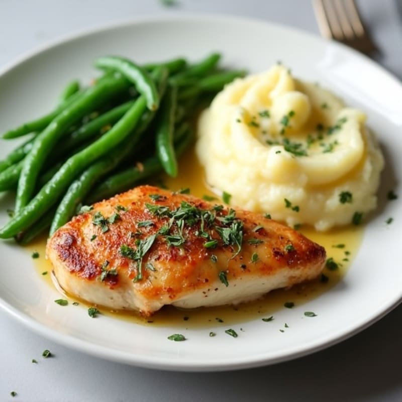Herb-Roasted Chicken with Crispy Green Beans and Creamy Garlic Mashed Potatoes