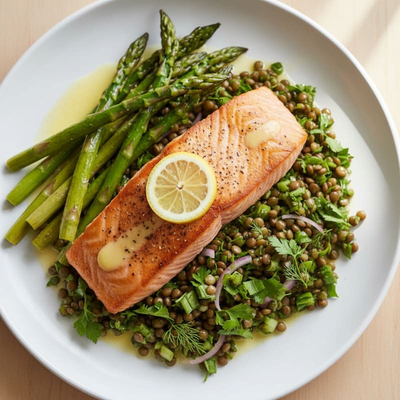Seared Salmon Fillet with Roasted Asparagus and Lentil Salad
