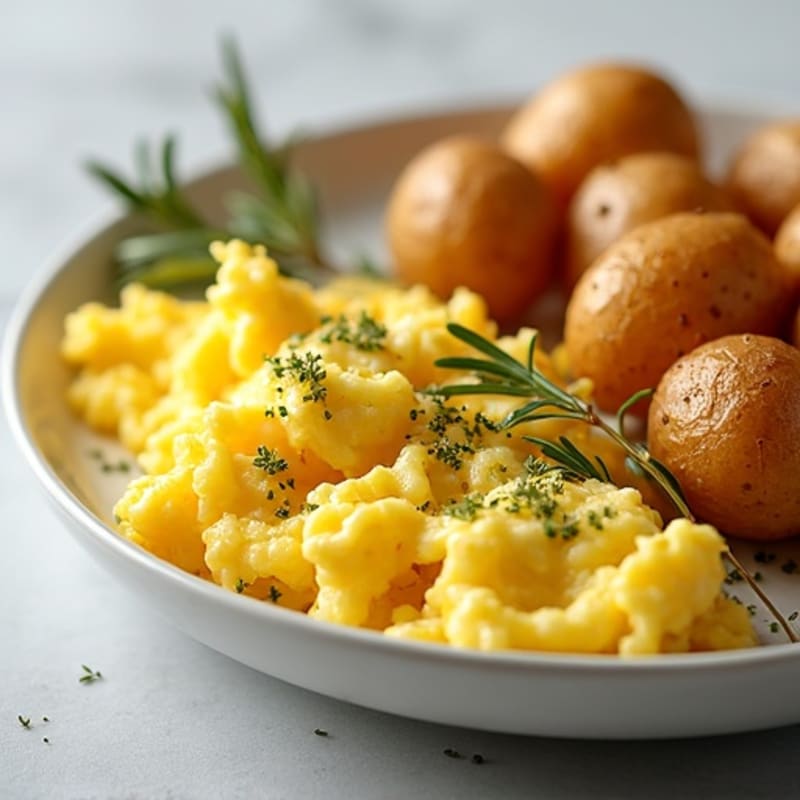 Fluffy Scrambled Eggs with Crispy Herb Roasted Potatoes