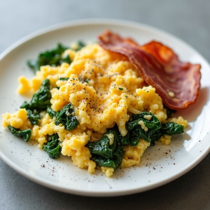 Fluffy Egg and Spinach Scramble with Crispy Turkey Bacon