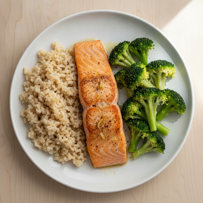 Seared Salmon with Steamed Broccoli and Brown Rice