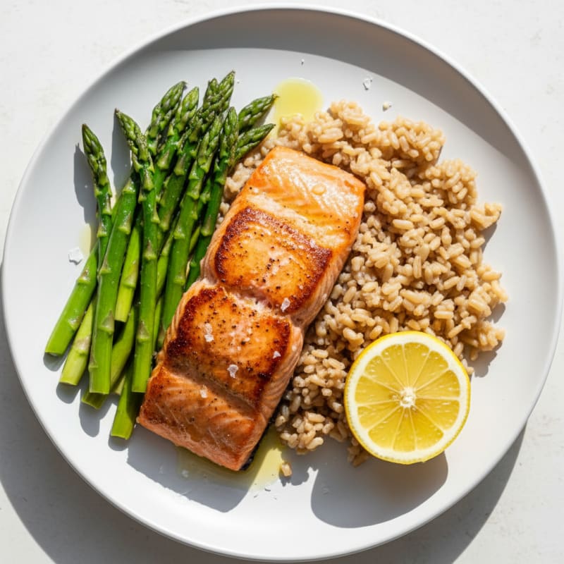 Seared Salmon Fillet with Steamed Asparagus and Brown Rice