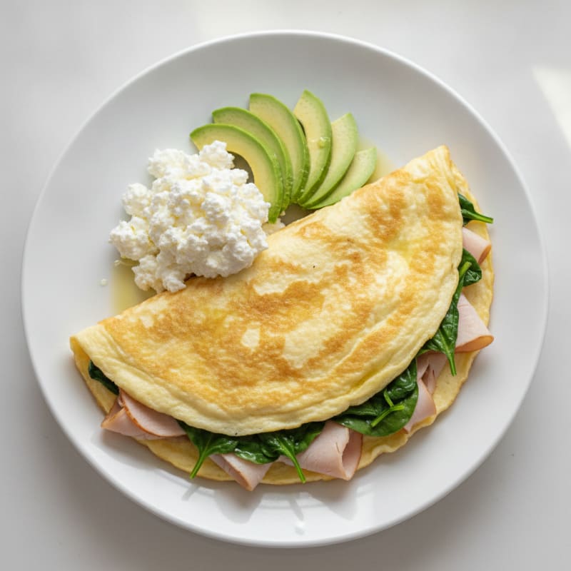 Egg White Spinach Omelette with Cottage Cheese and Sliced Turkey