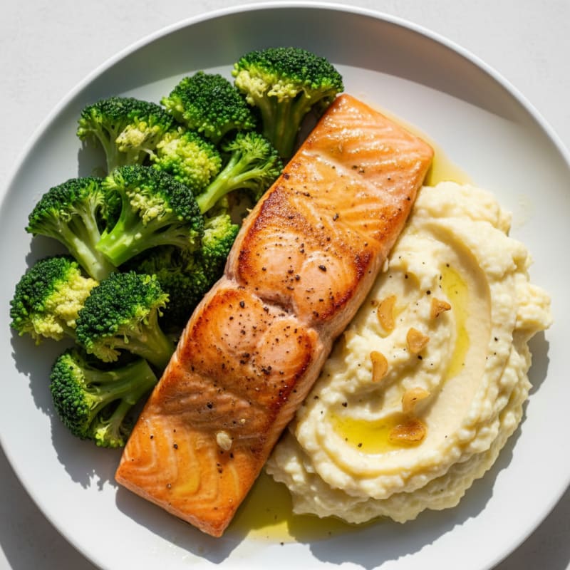 Seared Salmon with Steamed Broccoli and Garlic Mashed Cauliflower